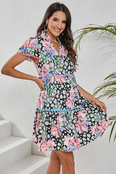 Women Floral V Neck Ricrac Embellished Tiered Mini Dress Zarnesh